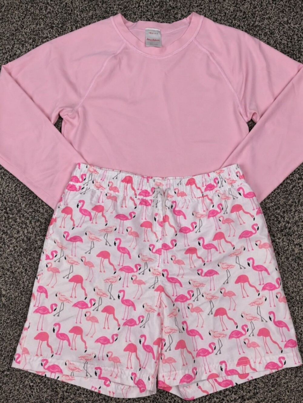 Janie & Jack Flamingo Swim Trunks & Hanna Andersson Rashgard Size 10